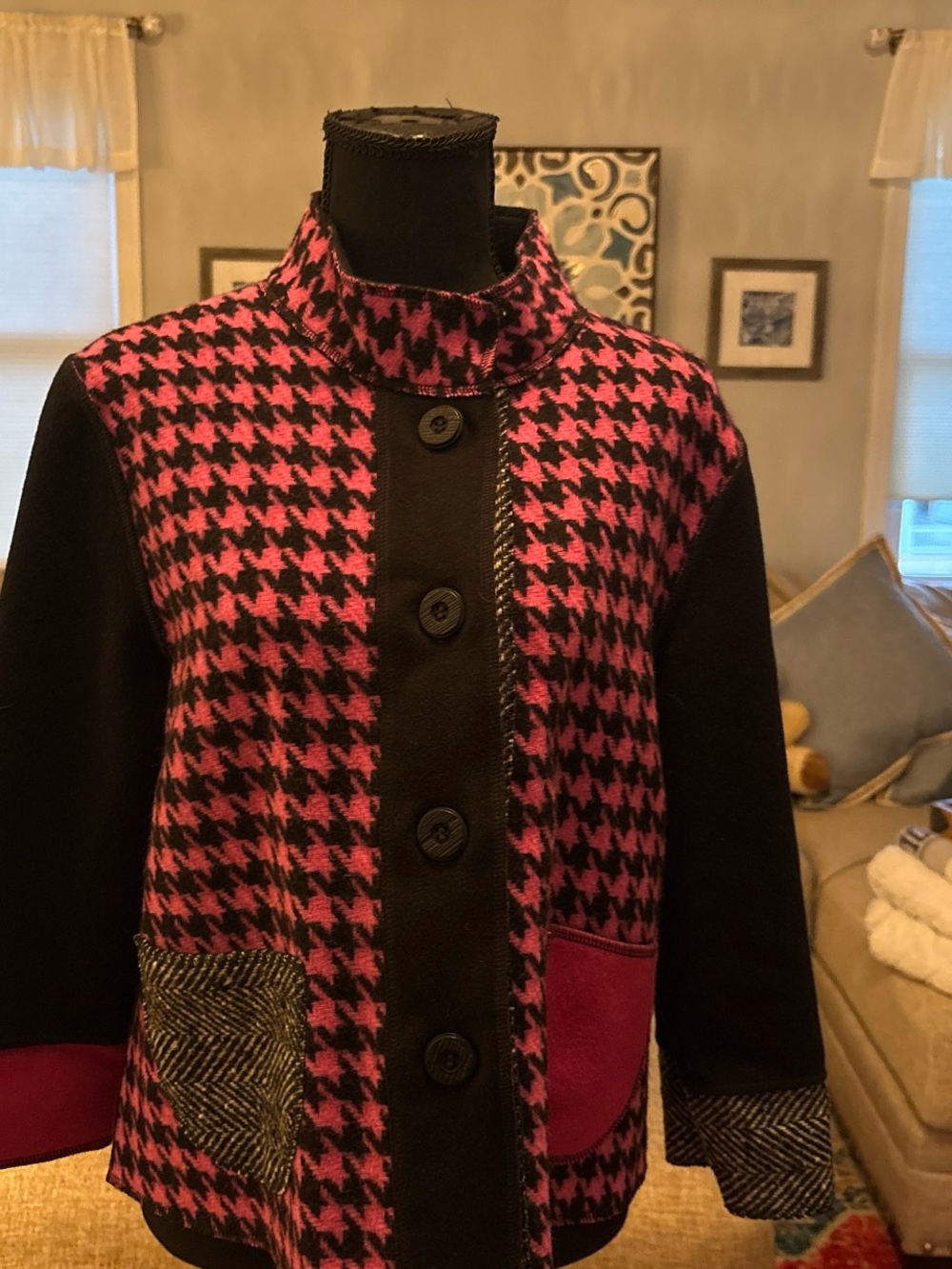 Women's Pink Houndstooth Button-Front Pea Coat